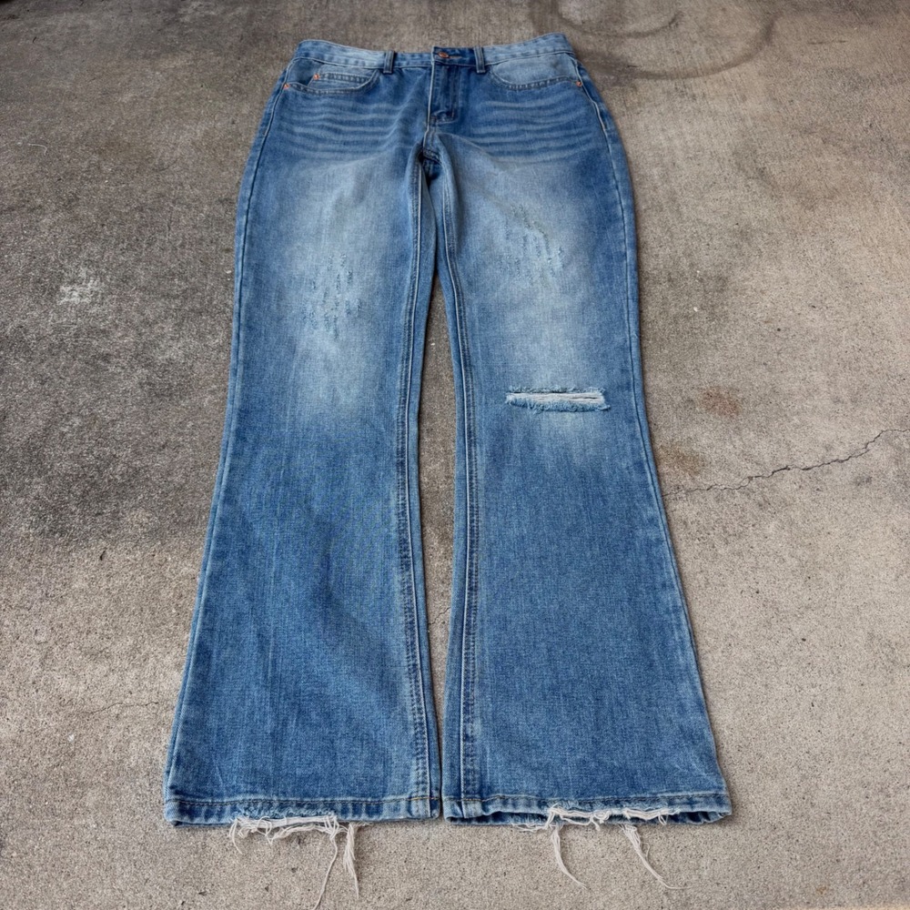 Y2K Mens Distressed Flare Leg Jeans Medium Wash Frayed Hem W31xL31